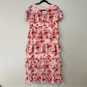 Badgley Mischka Tiered Ruffle Floral Dress Pink Mini Size 10 RTR Designer